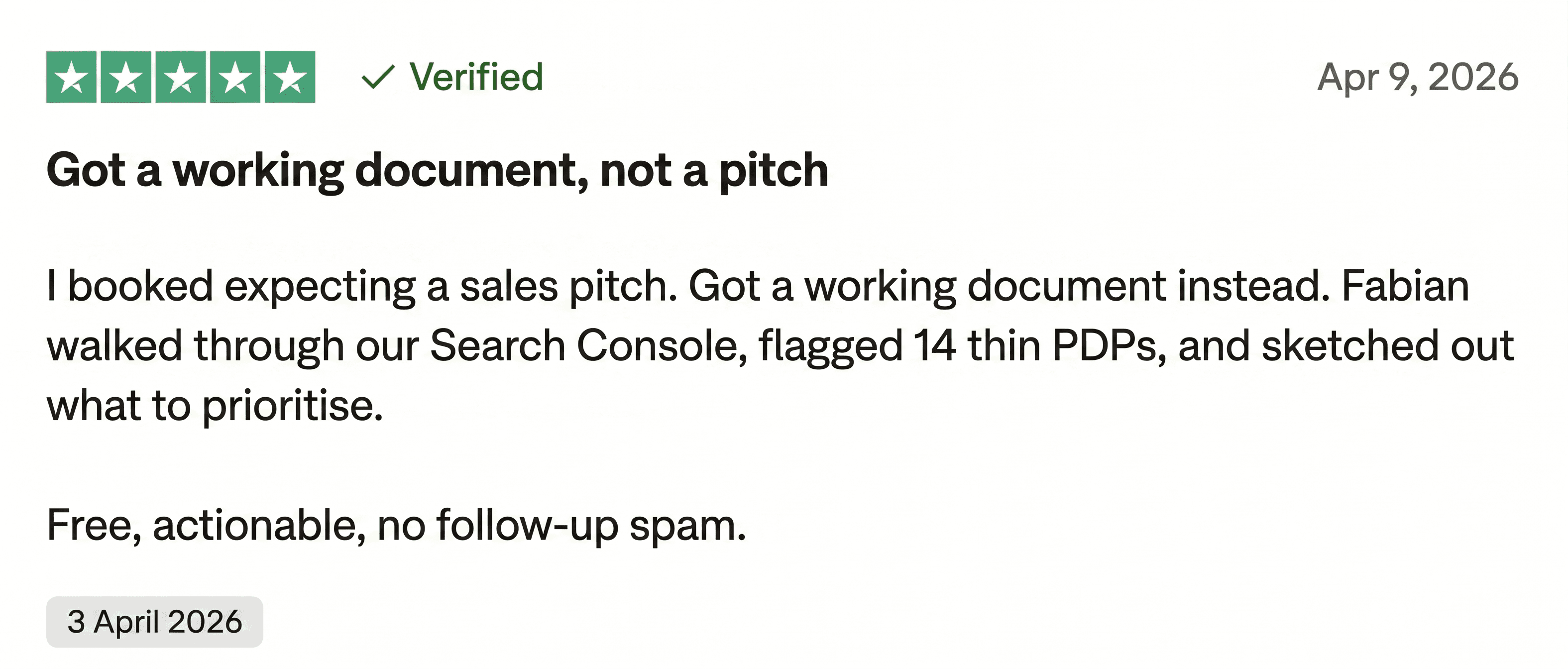 Trustpilot review: Got a working document, not a pitch. I booked expecting a sales pitch, got a working document instead.