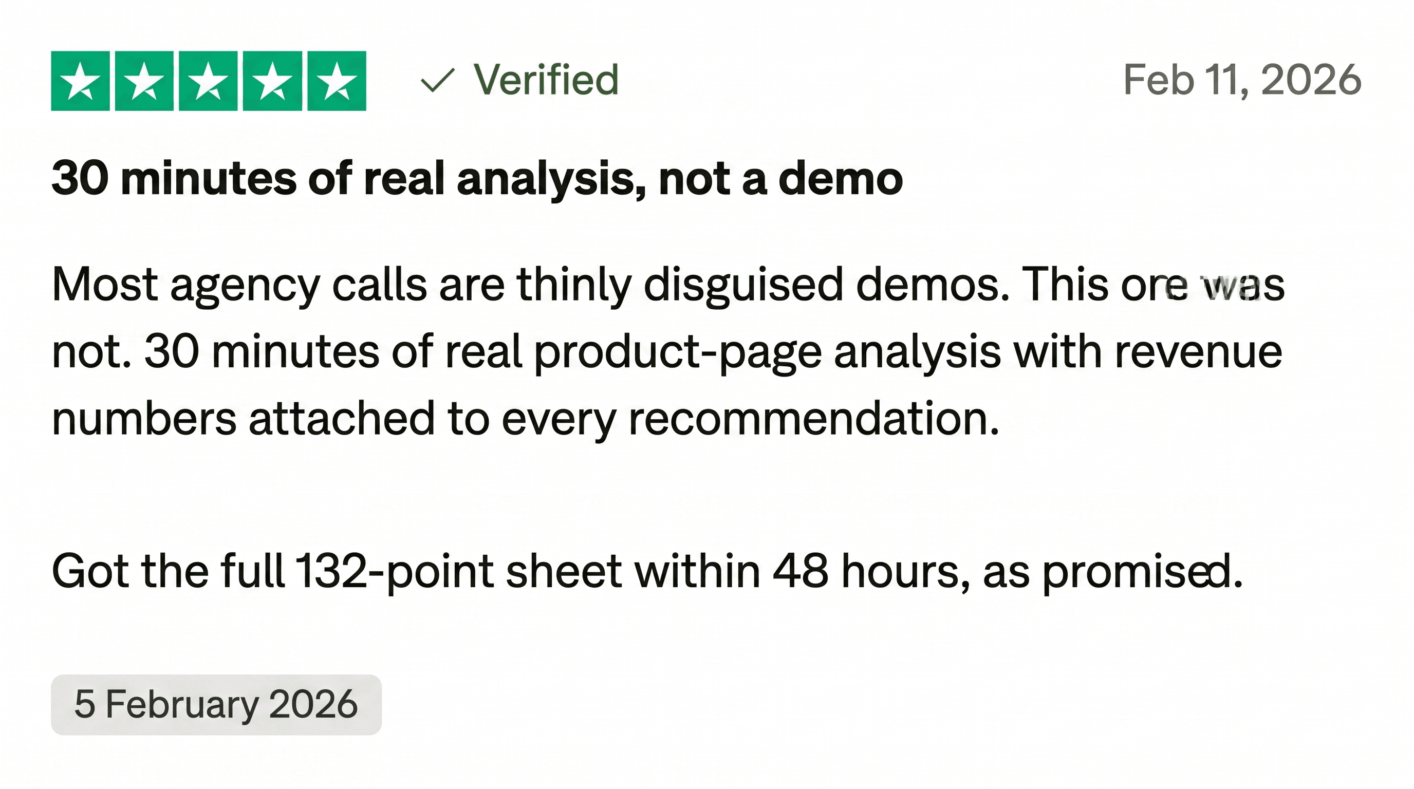 Trustpilot review: 30 minutes of real analysis, not a demo. Got the full 132-point sheet within 48 hours.