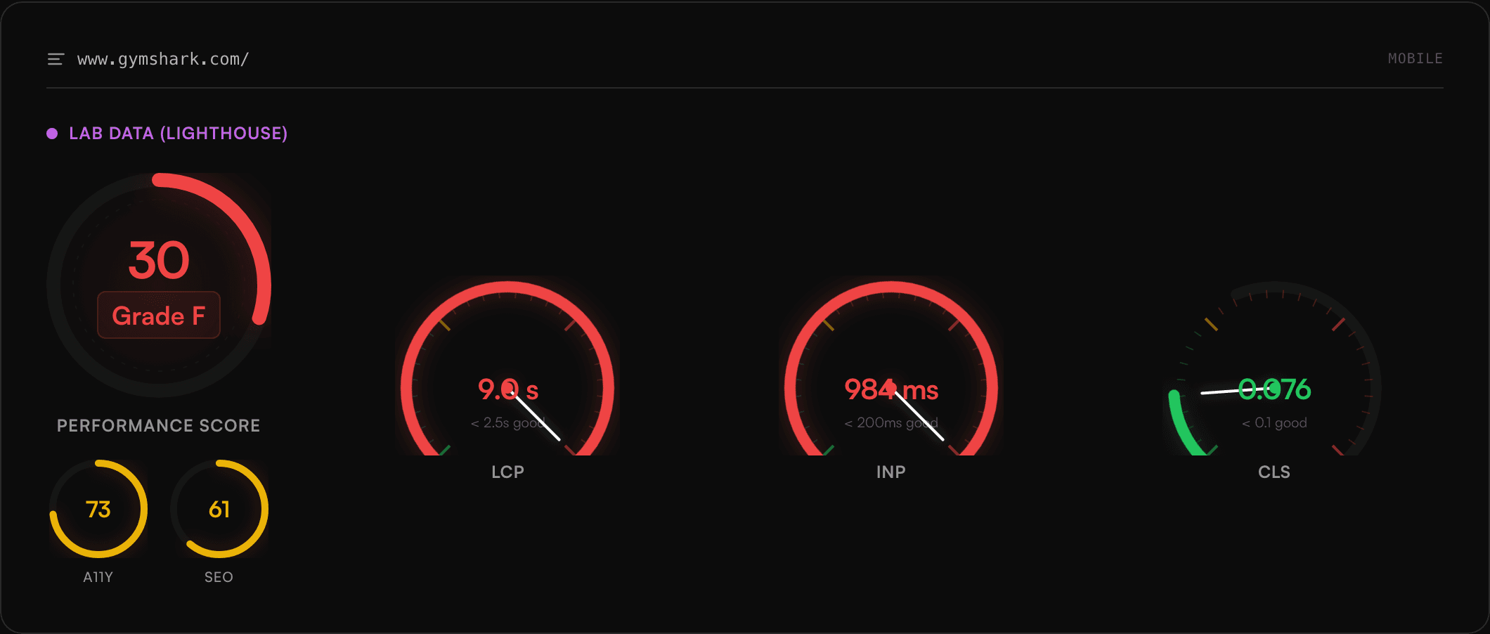 Core Web Vitals Checker report preview showing the results layout, categories, and recommendations