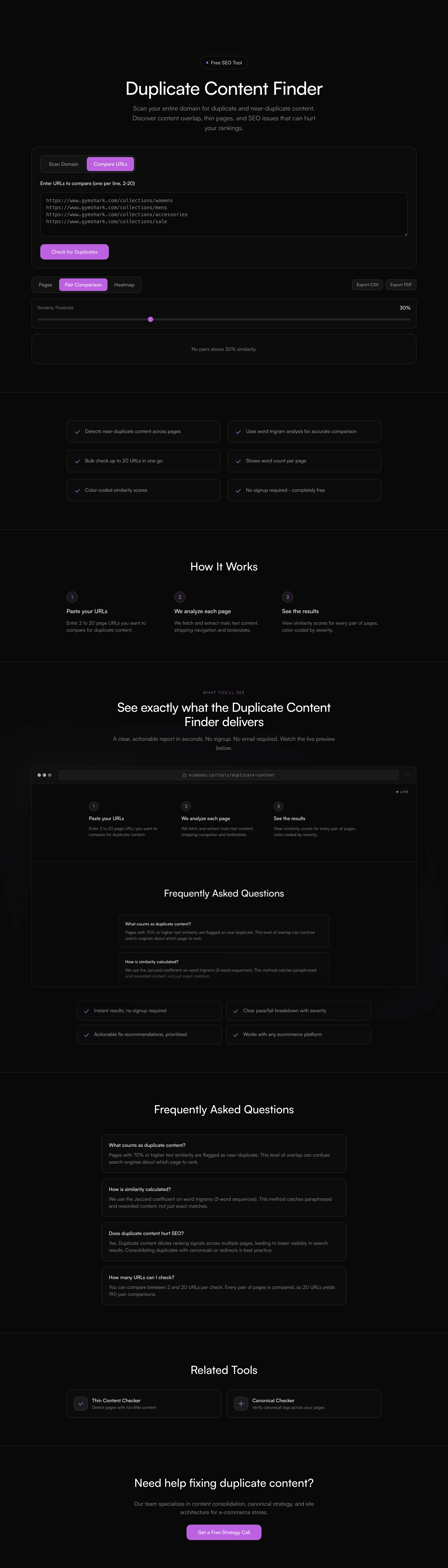 Duplicate Content Finder report preview showing the results layout, categories, and recommendations