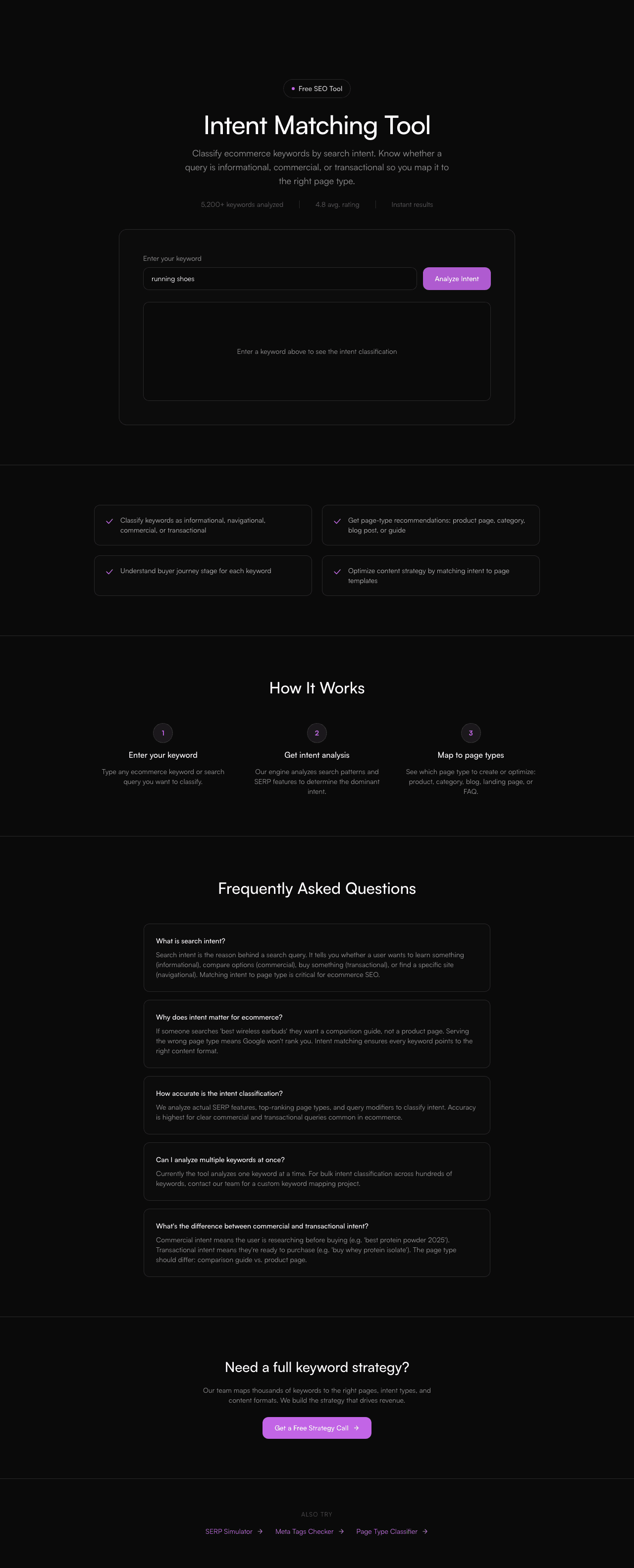 Intent Matching Tool report preview showing the results layout, categories, and recommendations